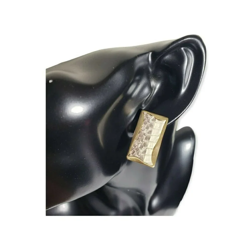 30.Fashion Jewelry Genuine Leather Snake Print Gold Tone Rectangle Stud Earrings